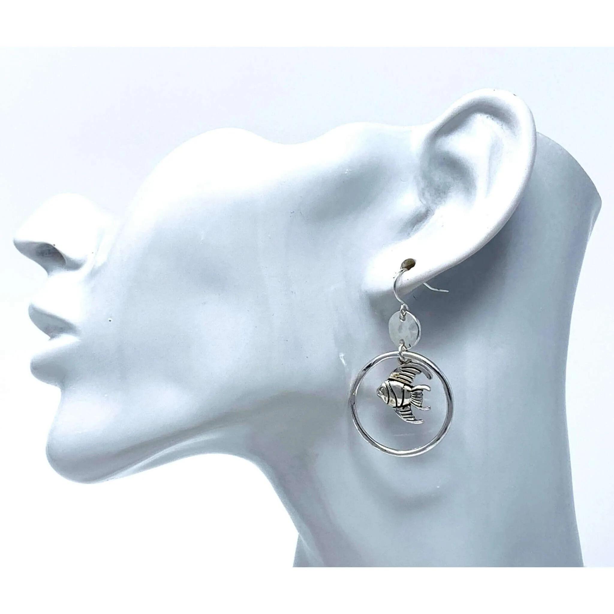 Hammered Silver Dangle Hoop Fish Earrings