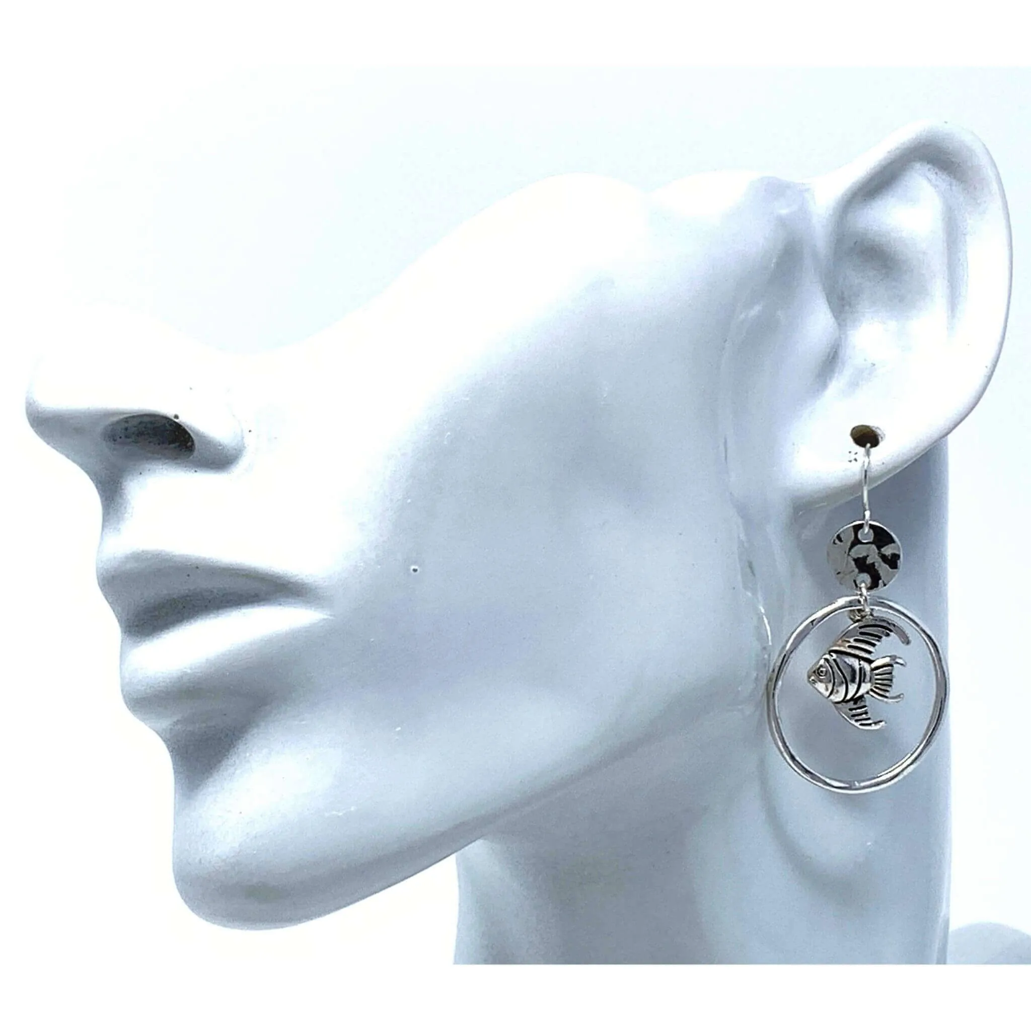 Hammered Silver Dangle Hoop Fish Earrings