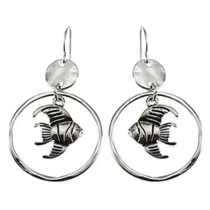 Hammered Silver Dangle Hoop Fish Earrings