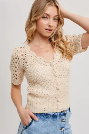 Heather Short Sleeve Button Down Crochet Top Ivory