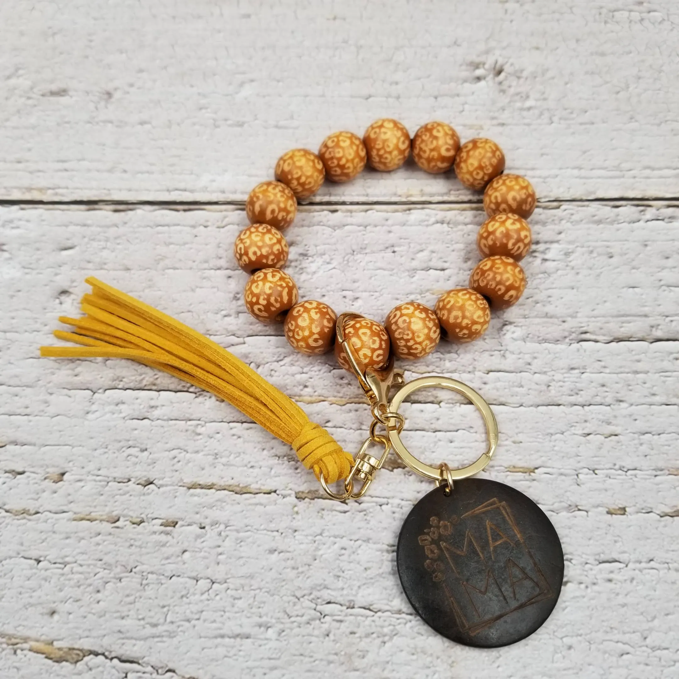 MAMA Leopard Wood Bead Bracelet Keychain: Beige