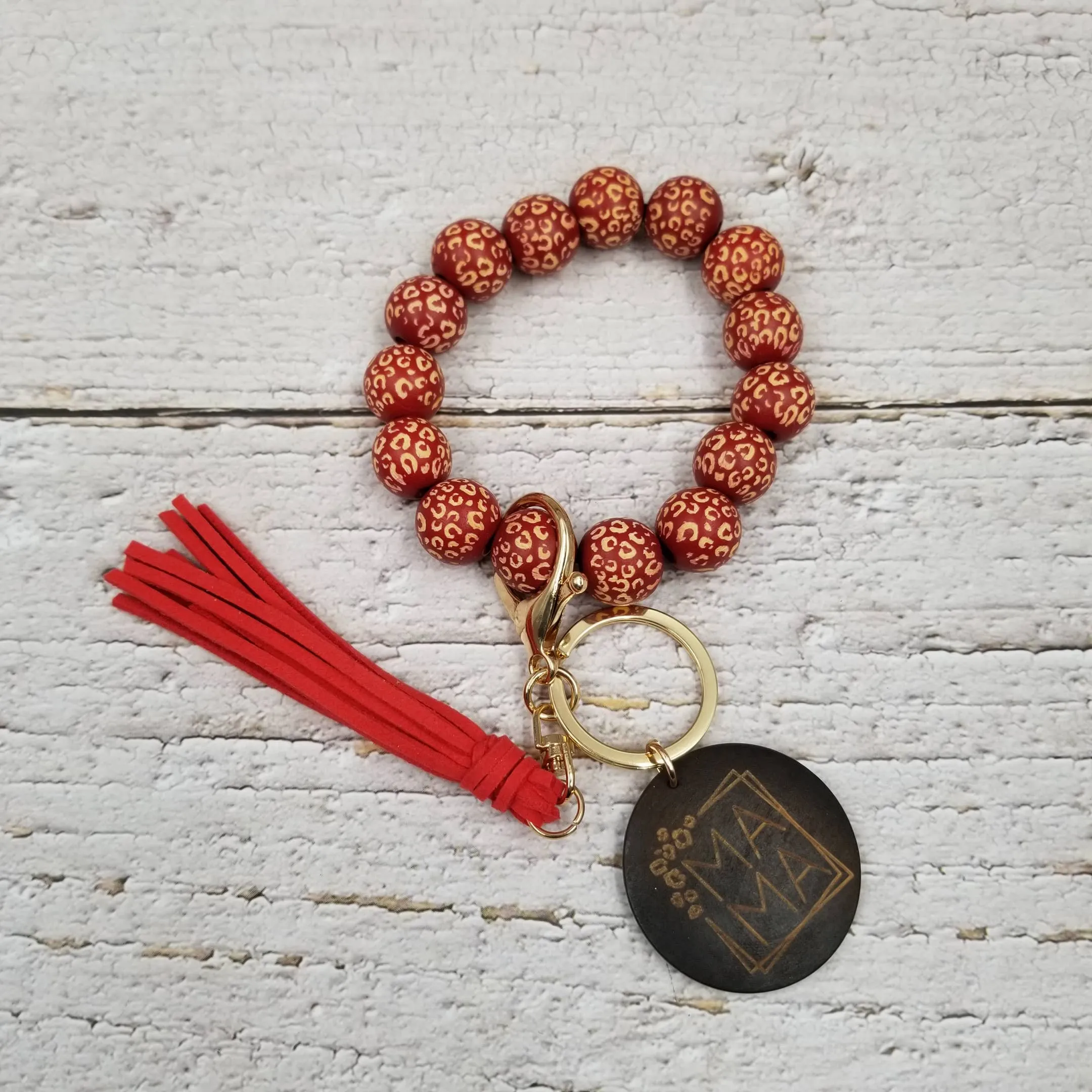 MAMA Leopard Wood Bead Bracelet Keychain: Beige