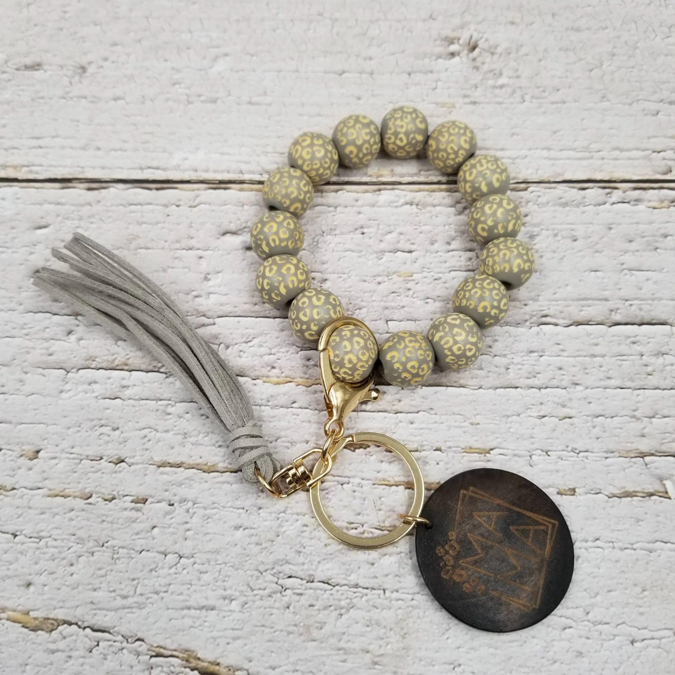 MAMA Leopard Wood Bead Bracelet Keychain: Beige