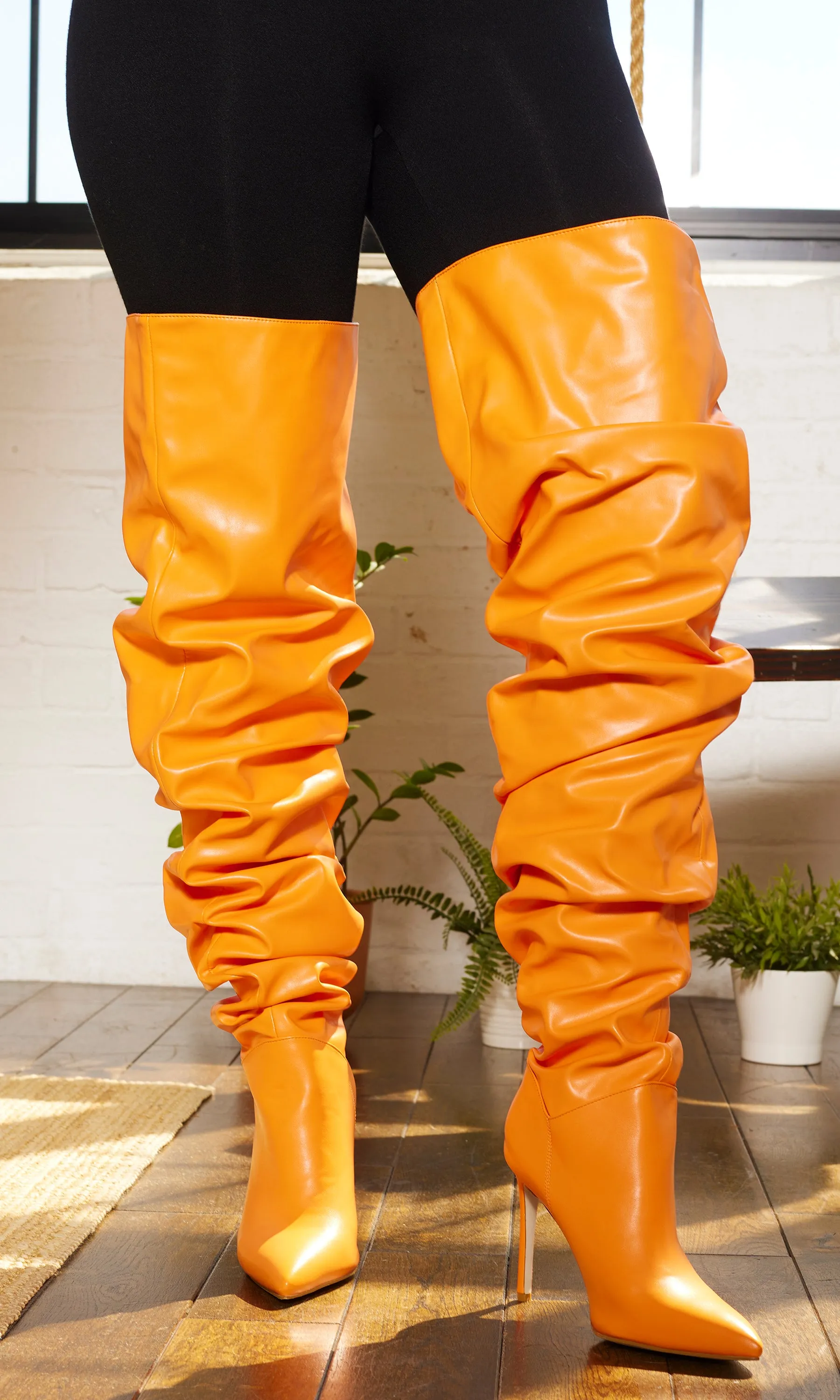 Orange Faux Leather Runched Boots FINAL SALE