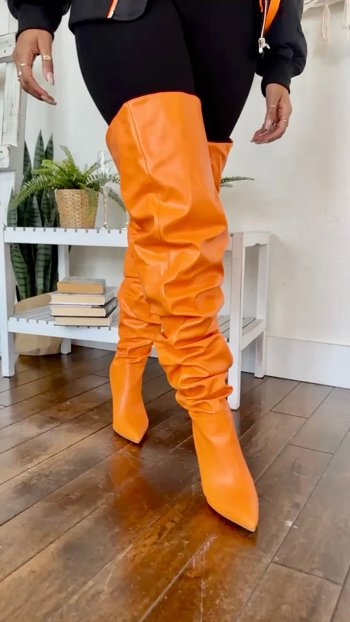 Orange Faux Leather Runched Boots FINAL SALE