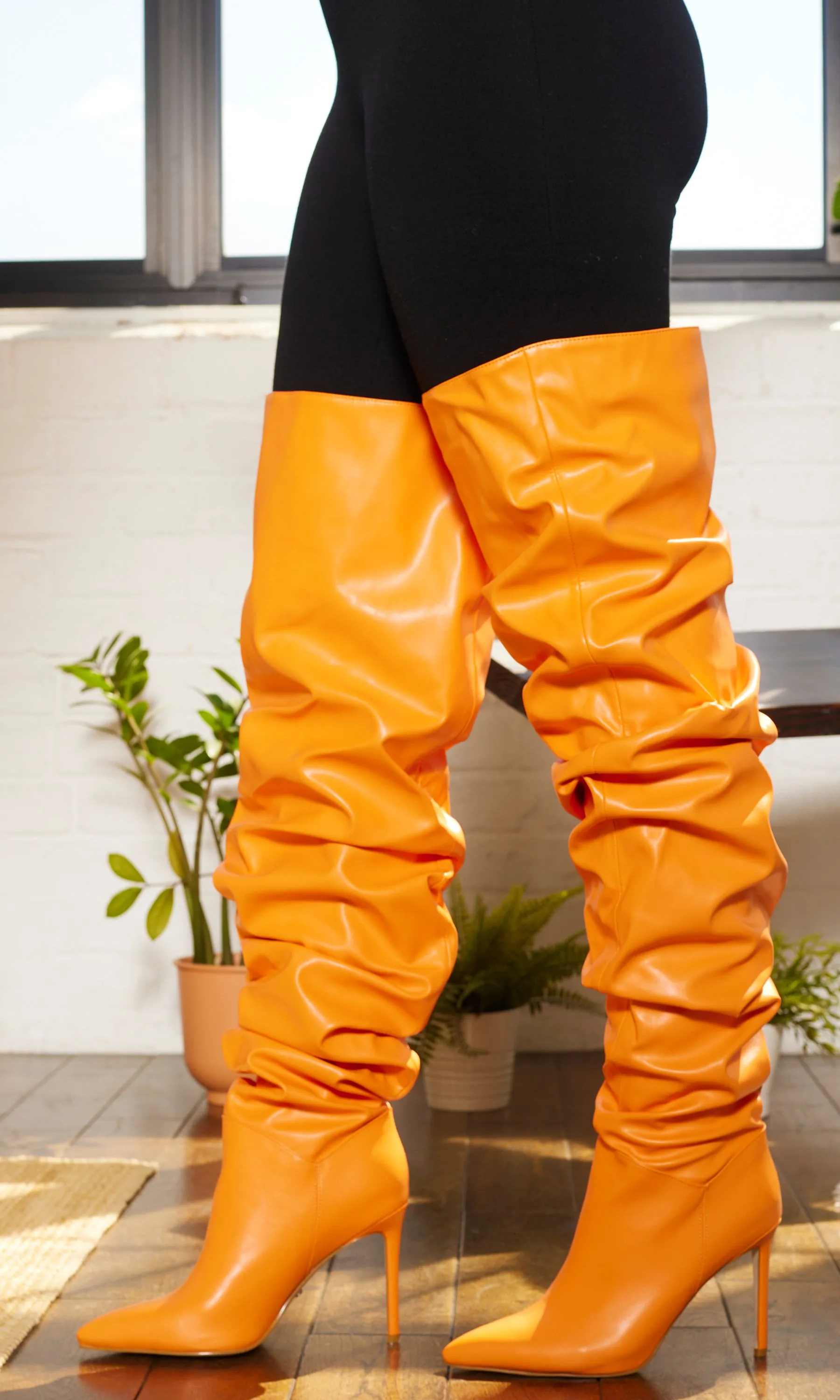 Orange Faux Leather Runched Boots FINAL SALE