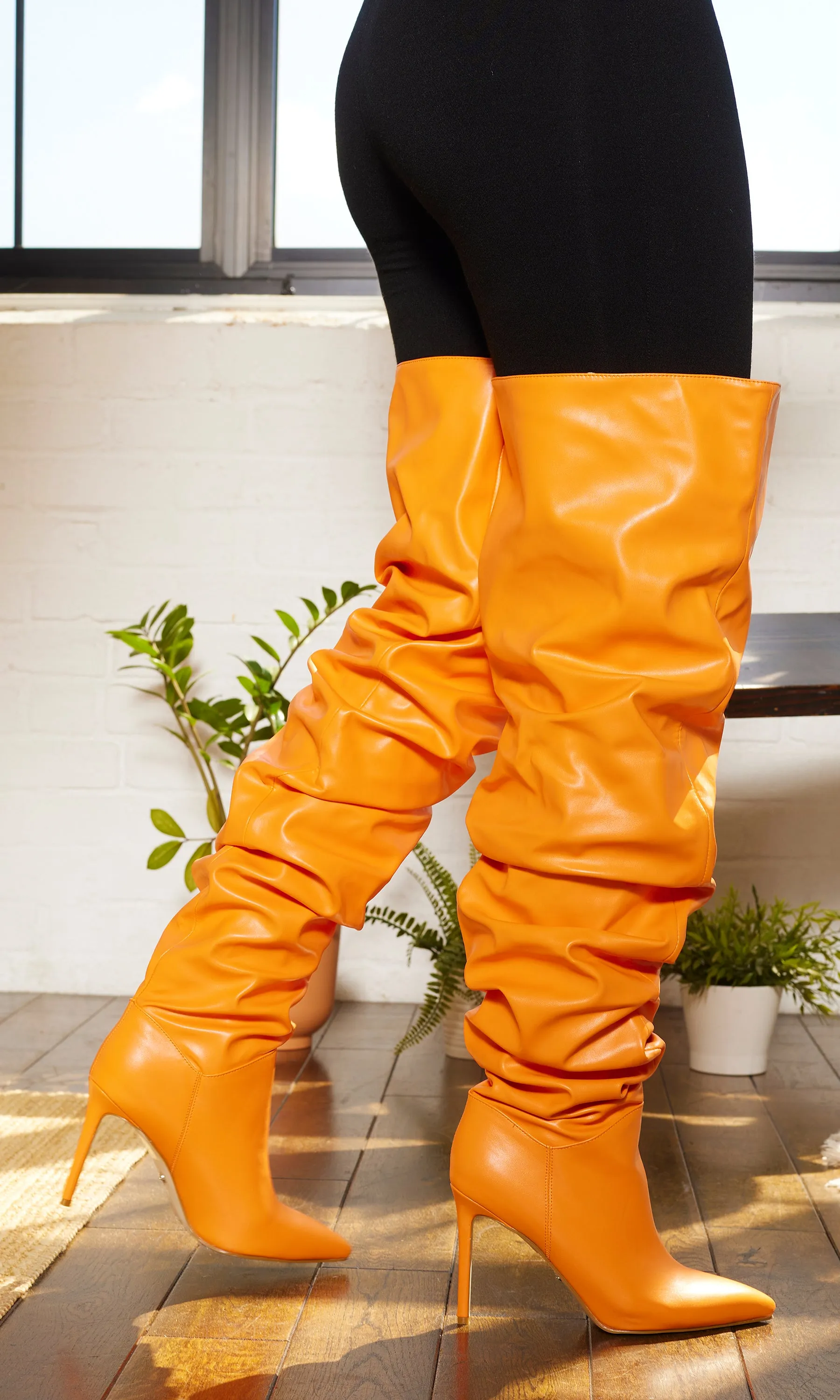 Orange Faux Leather Runched Boots FINAL SALE