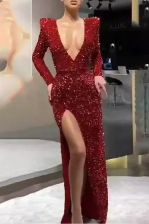 Sexy Formal Solid Sequined V Neck Evening Dress Dresses