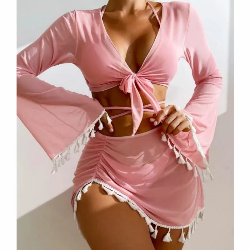 Trendy 4-Piece Solid Color Bikini Set with Skirt & Cover-Up | Summer Beachwear