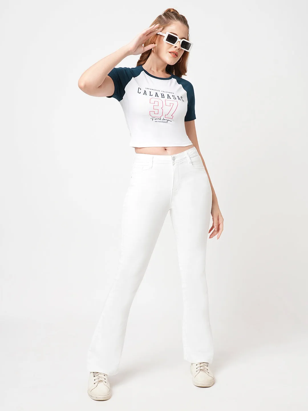 Women Slim Fit White/Air Force Genz T-Shirt